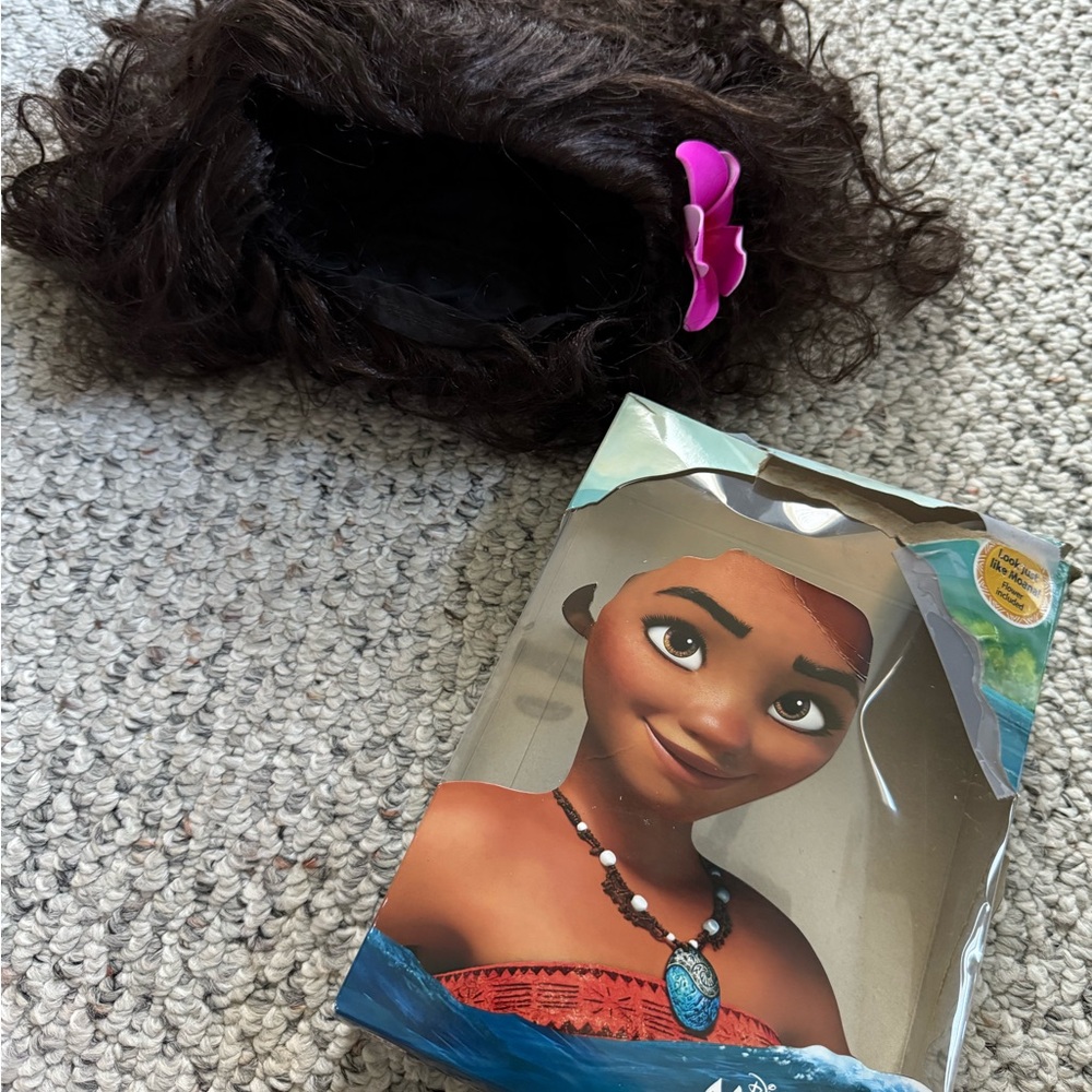 Curly Brown Wig with Pink Flower